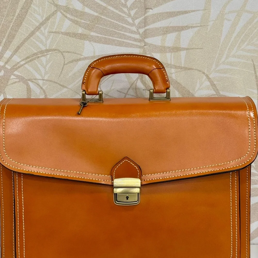 Classic Tan Leather Briefcase - Men Bags